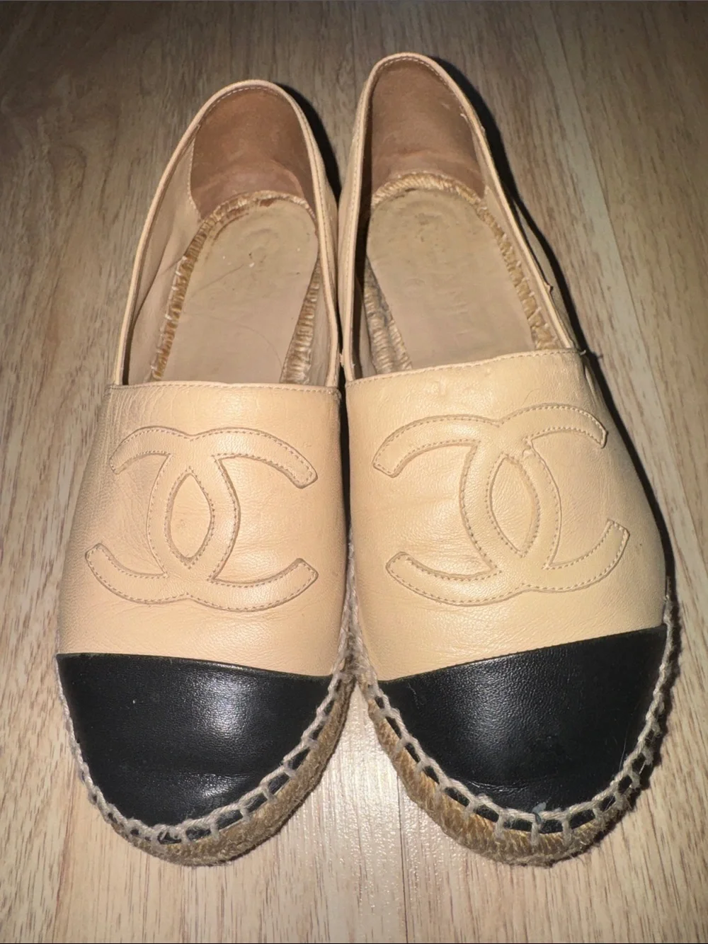 CHANEL Beige and Black Leather Espadrille Flats
